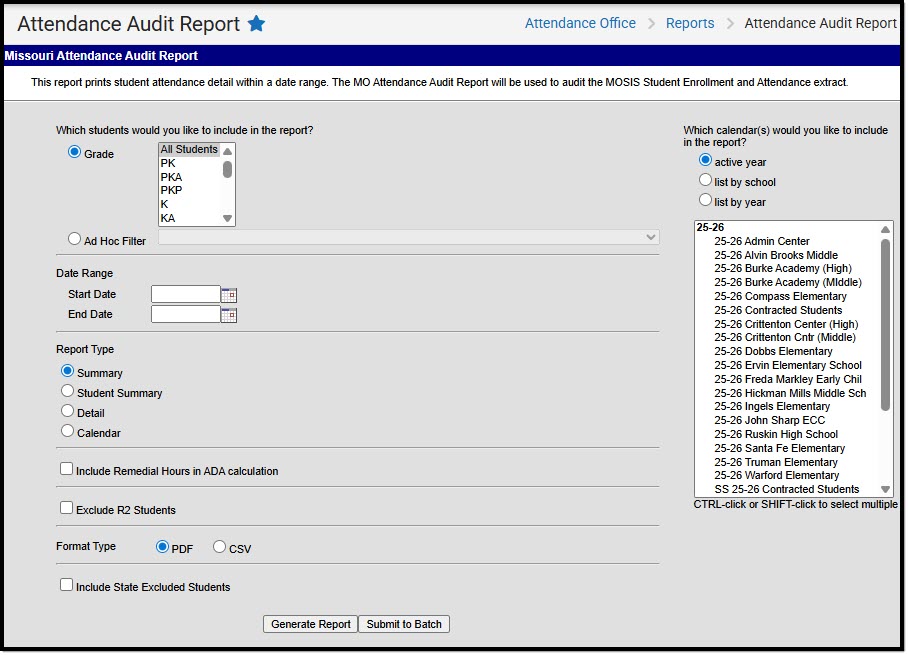 Screenshot of the attendance audit report editor.