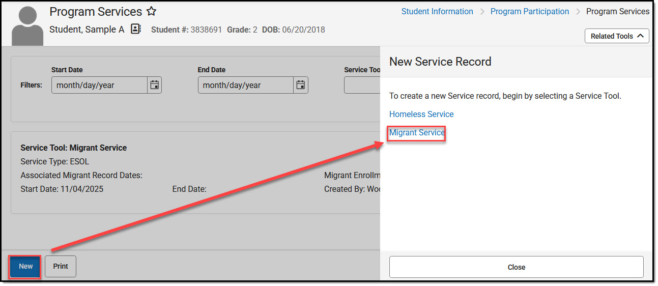 Screenshot showing how to begin entering a new service record.