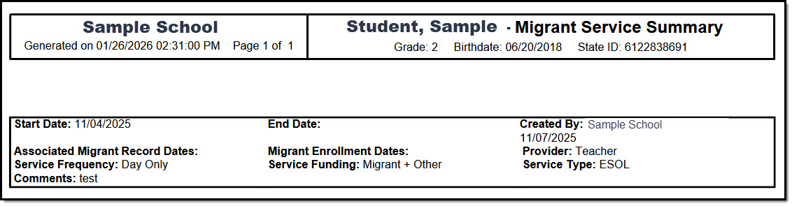 Screenshot of a student's migrant service summary.