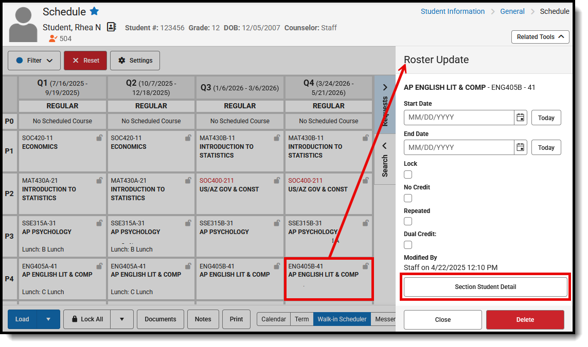 Screenshot of the Walk-In Scheduler tool highlighting access to the Section Student Detail tool. 