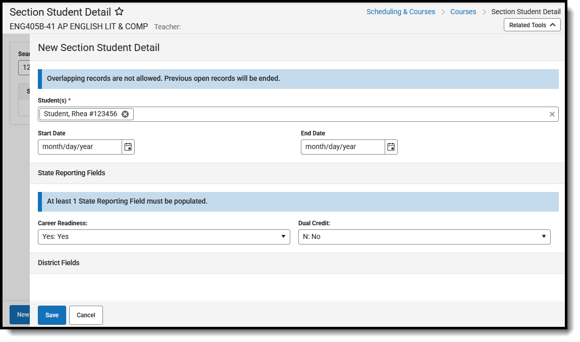 Screenshot of the Section Student Detail tool to update roster values. 