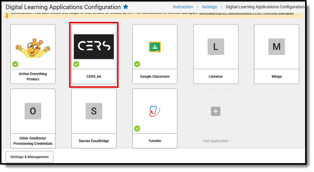 Screenshot of the Digital Learning Applications Configuration tool with the CERS Integration panel highlighted. 