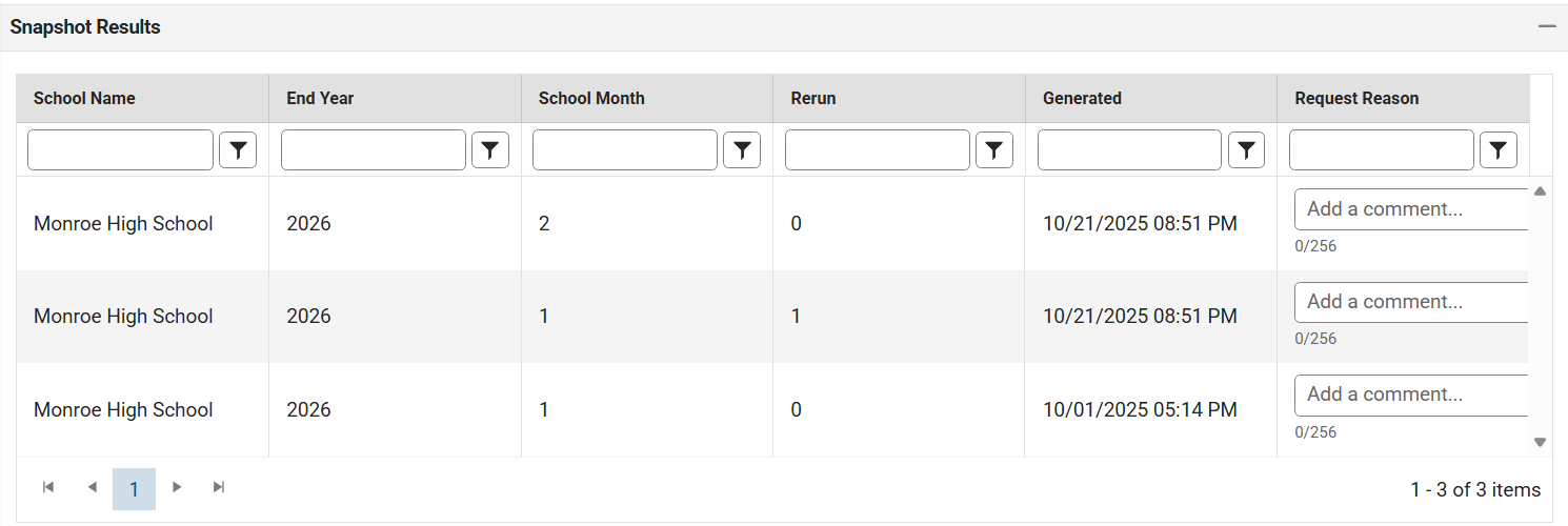 snapshot results list of reports