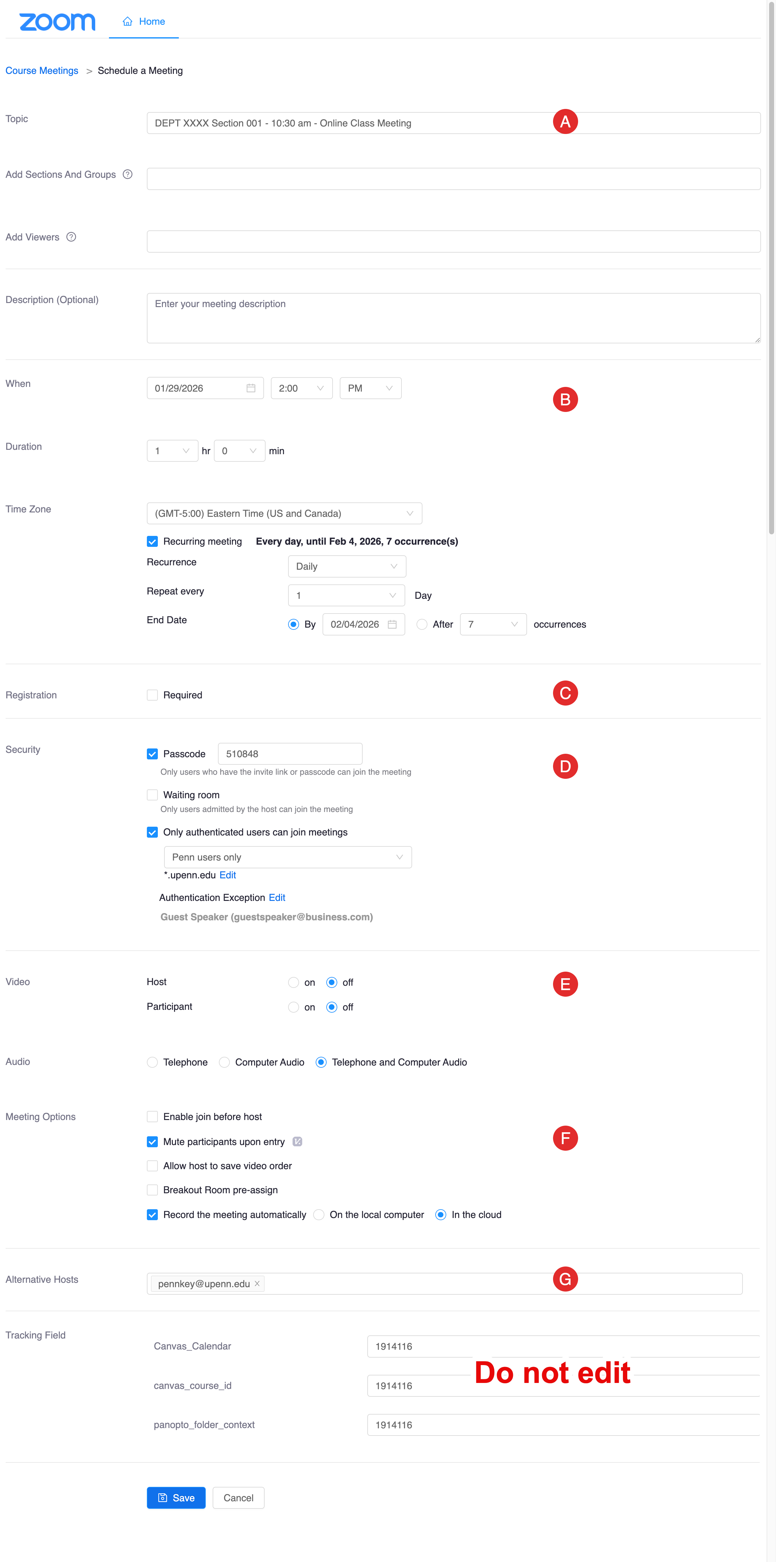 Screenshot of the Canvas Zoom Schedule a meeting interface labeled A - G for each part described in text below this image.