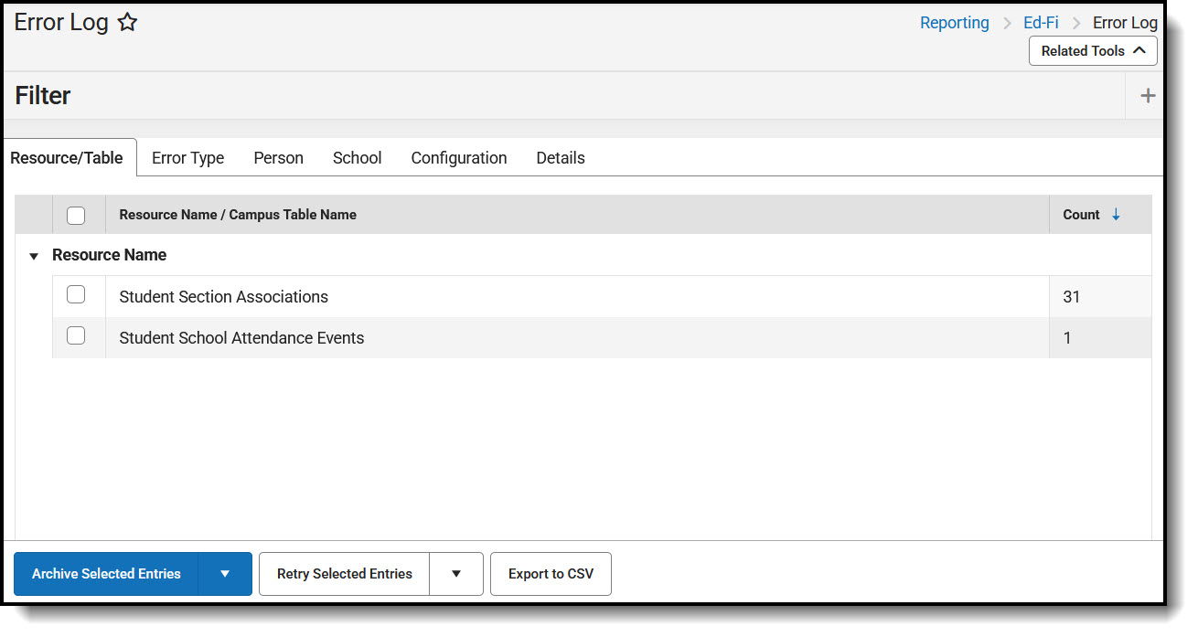 Screenshot of Ed-Fi Error Log, located in Reporting, Ed-Fi.