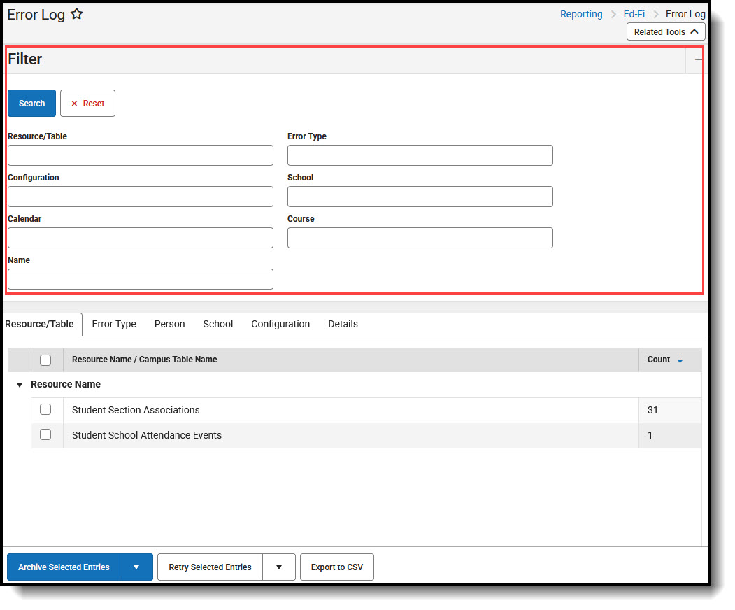 Screenshot of Filterers and Search within the Error Log.