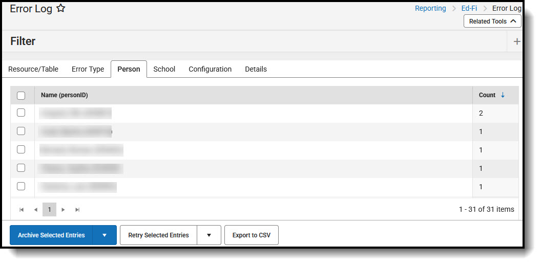Screenshot of Error Log -Person View.