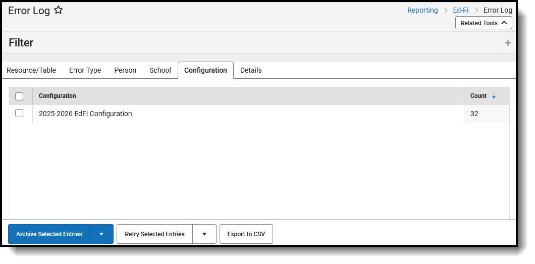 Screenshot of Error Log - Configuration View.