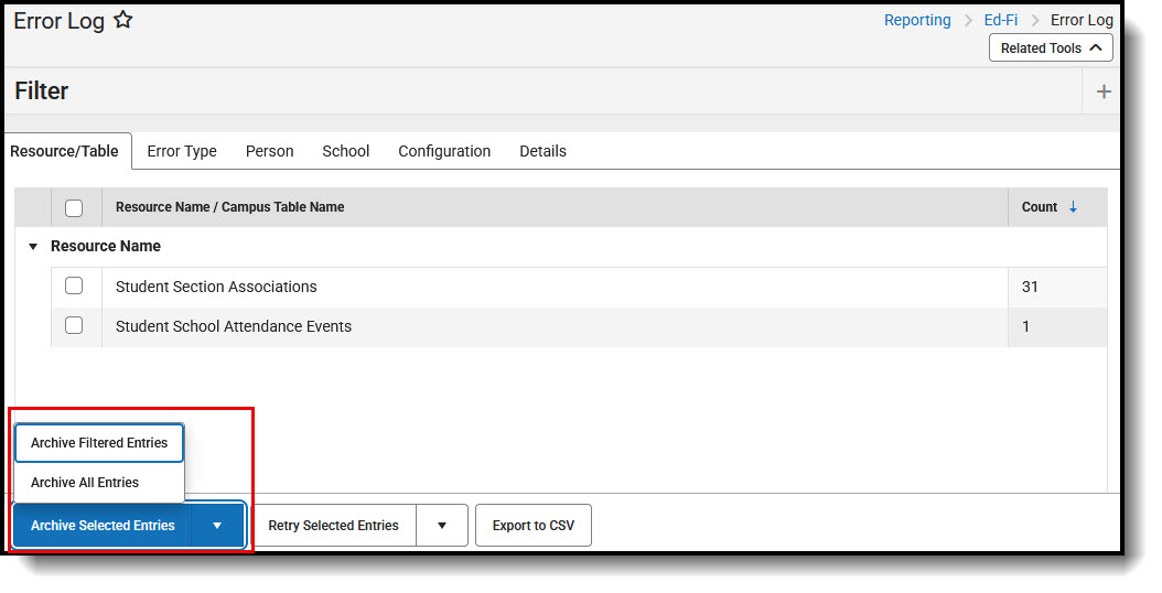 Screenshot of Archive Error Log Entries.