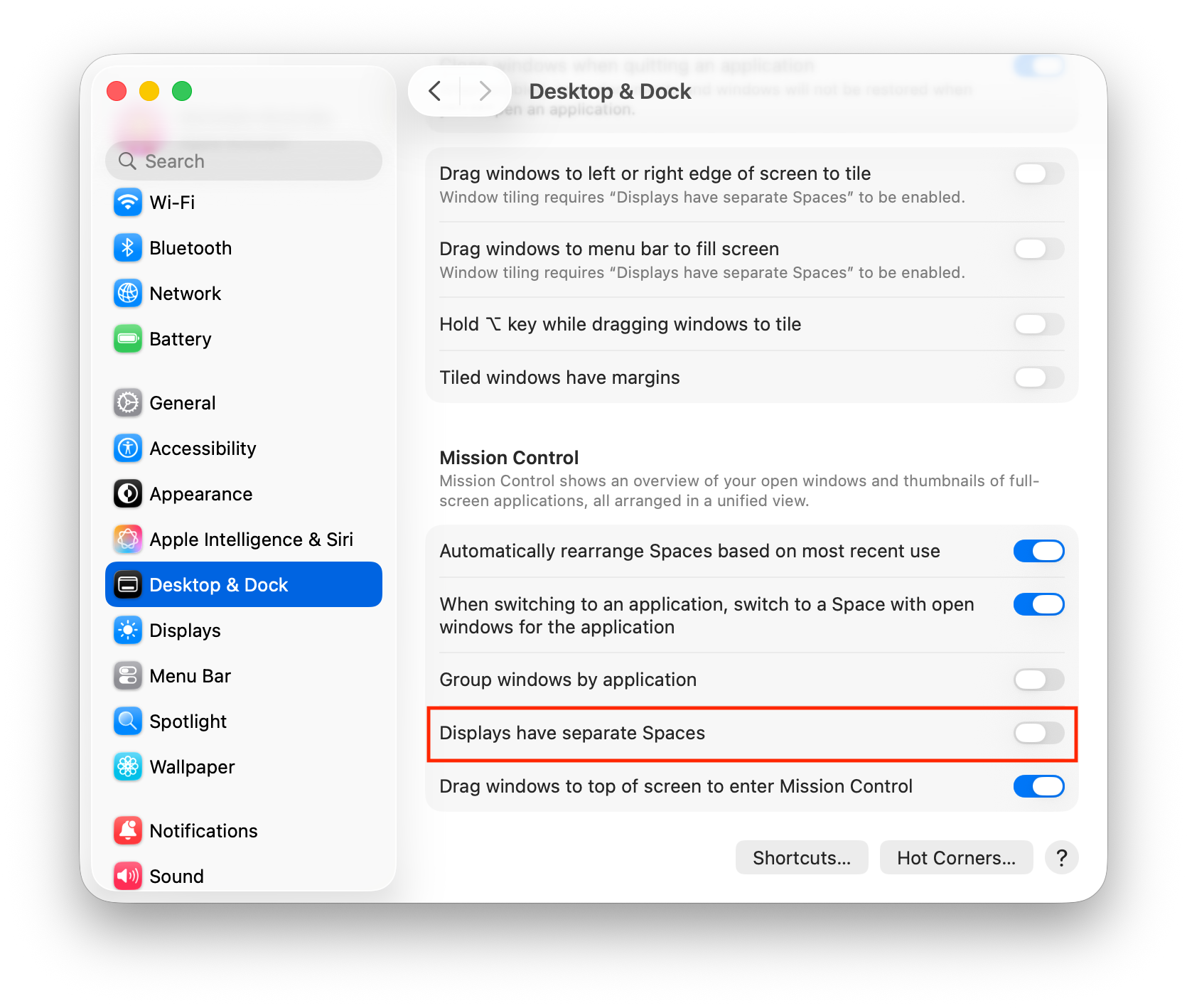 Desktop & Dock window showing Displays have separate Spaces setting switched off