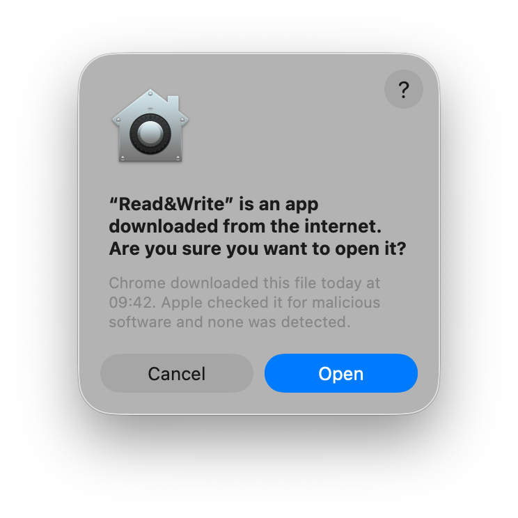 Read&Write security window asking if you're sure you want to open Read&Write