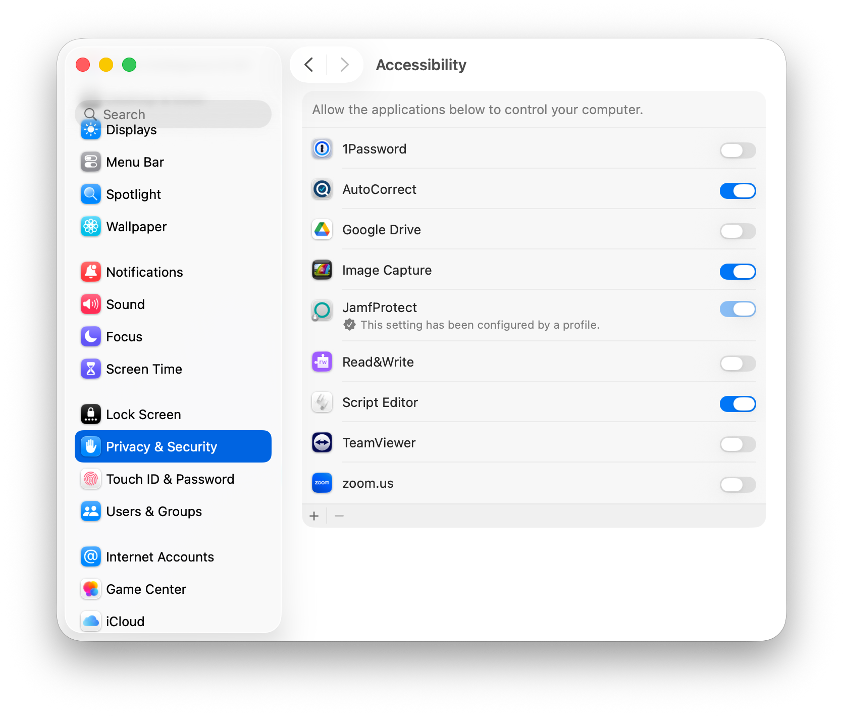 Accessibility window of System Settings