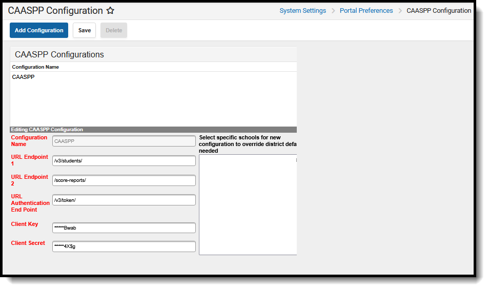 Screenshot of the CAASPP Congifuration tool, located at System Settings, Portal Preferences. 
