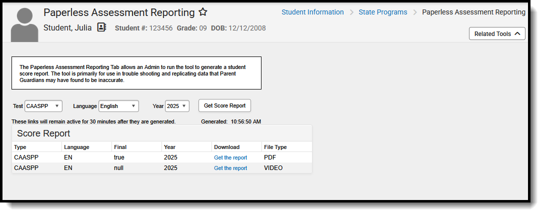 Screenshot of the student's Score Reports for Paperless Assessments that can be downloaded for review. 