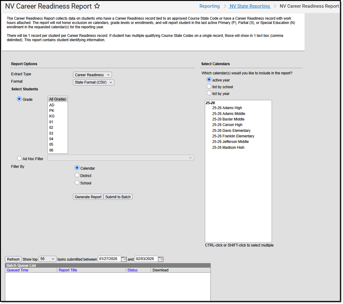 Screenshot of the career readiness report editor.