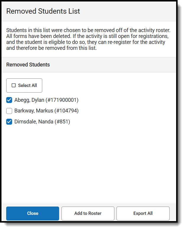 Screenshot of students being added back to a roster from the removed students list.