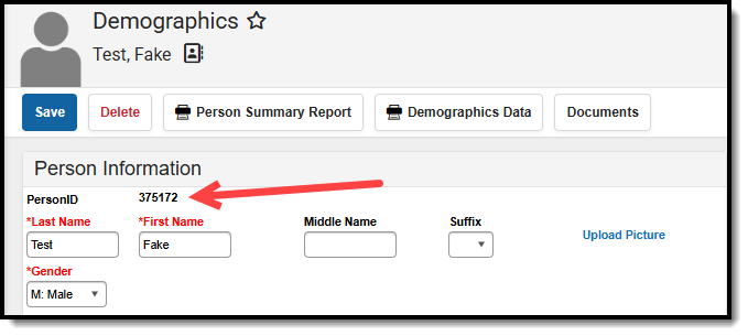 screenshot of the demographics tool with the personID highlighted