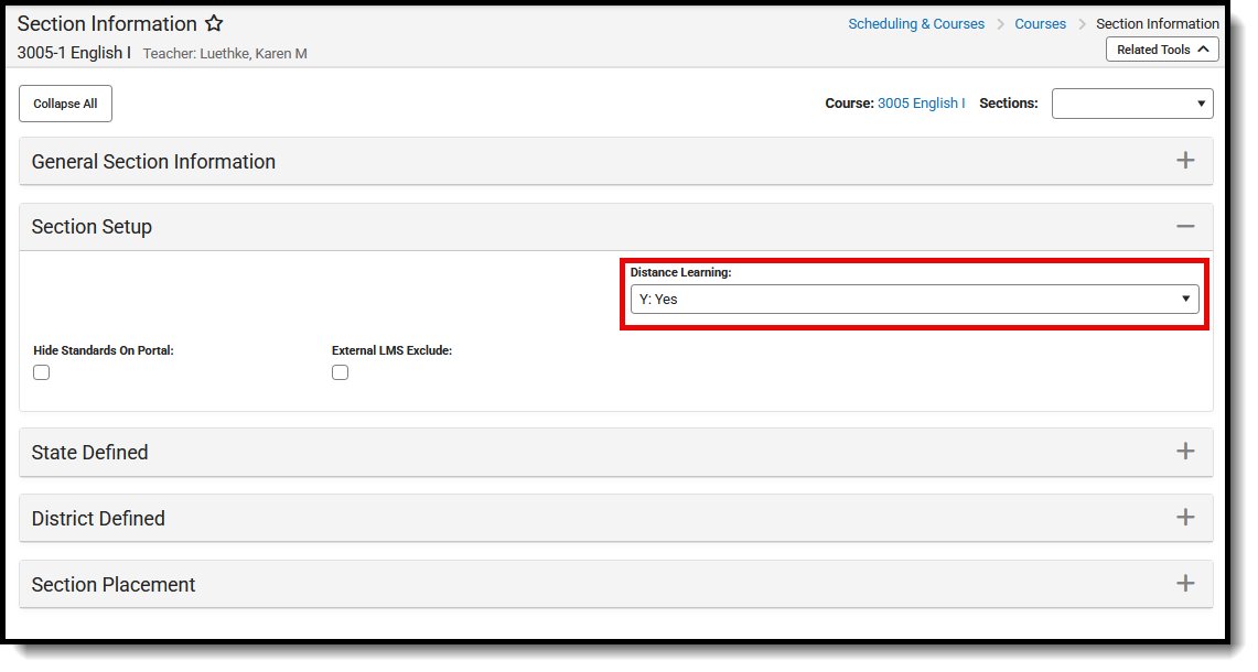 Screenshot of the Section Setup card, highlighting the Distance Learning field. 
