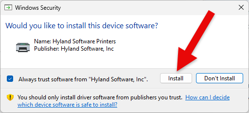 screenshot of a windows pop-up for installation of the printer driver, with an arrow pointing to the "install" button