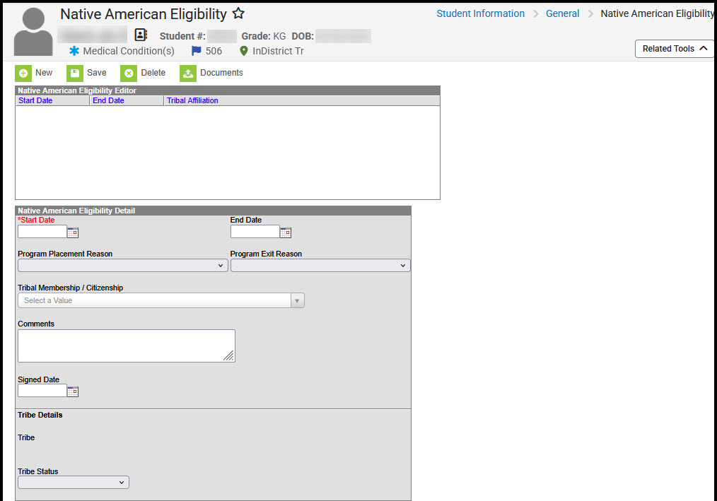 Screenshot of the Native American Eligibility Editor.