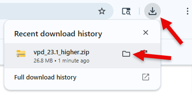 screenshot of the google chrome download menu with arrows pointing to a folder icon next to a downloaded file