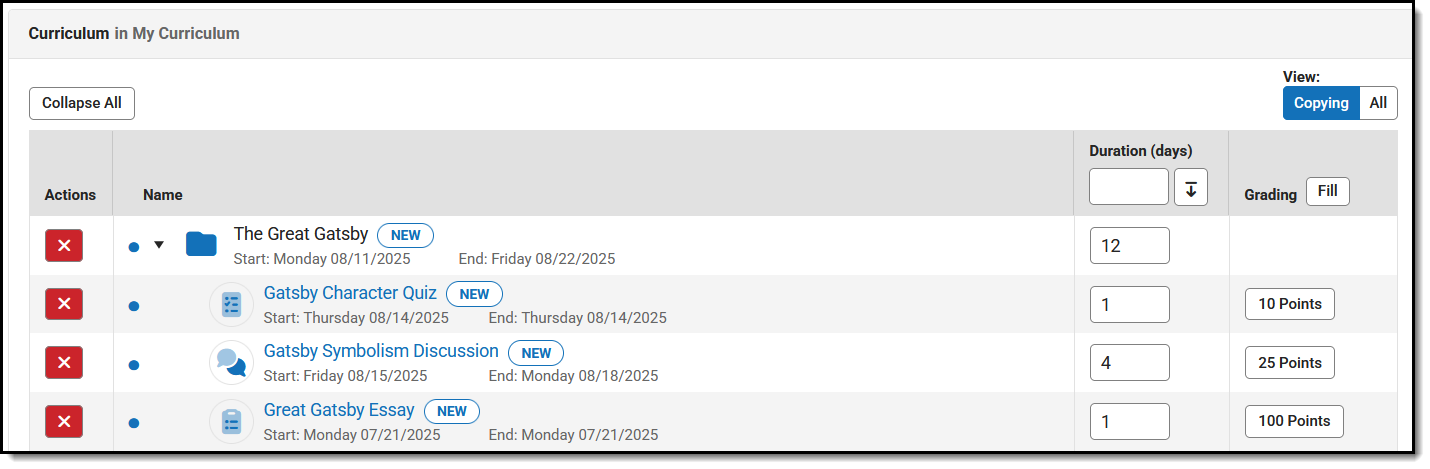 Screenshot of the second step of the copier, where each curriculum item is listed with duration and grading displayed in a table.  