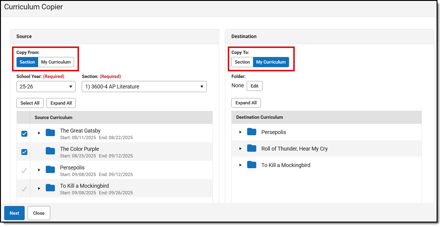 Screenshot of the Curriculum Copier with a source of Section and a Destination of My Curriculum.
