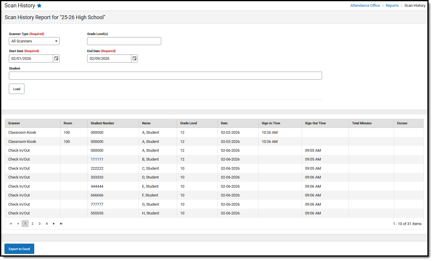 Screenshot of a sample scan history report. 