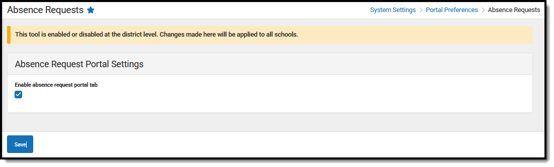 Screenshot of Absence Request Portal Settings with absence requests enabled.