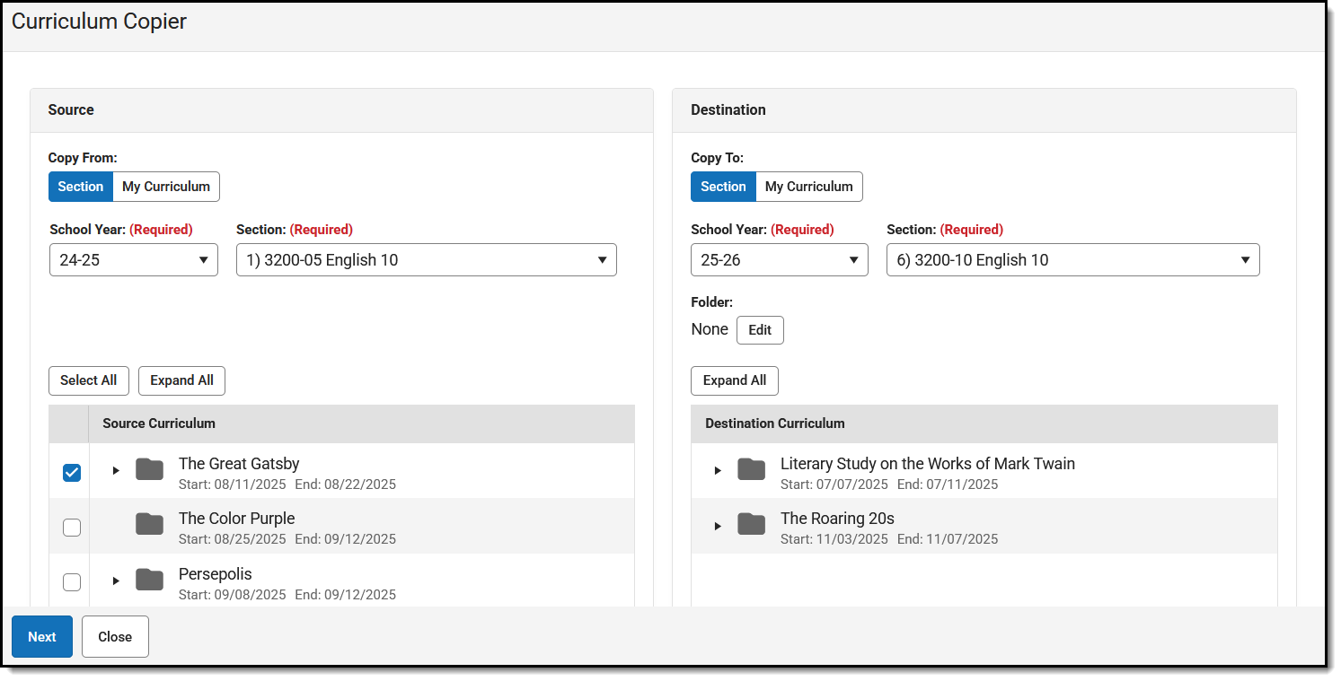 Screenshot of the curriculum copier with a folder of curriculum select to copy from one section to another in the next school year.&nbsp;