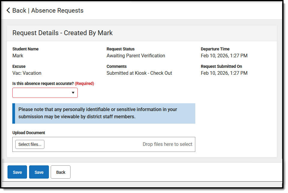 Screenshot of the Campus Parent Student-Generated Absence Request Verification screen.