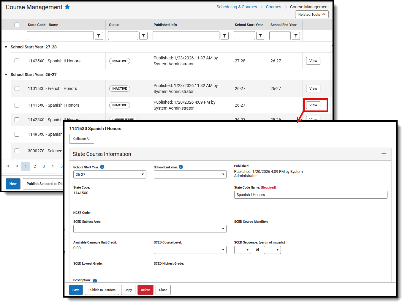 Screenshot of the Course Management tool, located at Scheduling & Courses, Courses. 