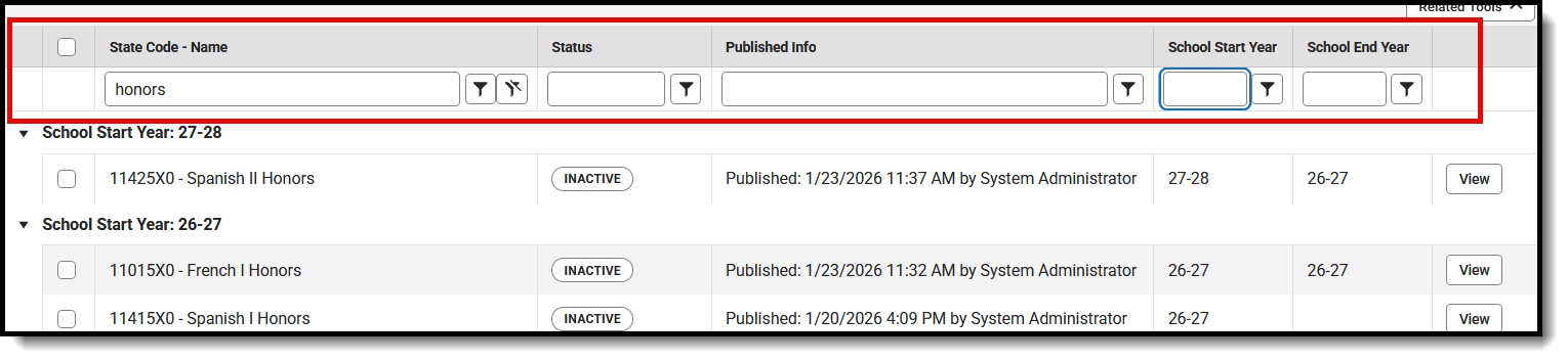 Screenshot of the search options to locate the desired course code. 