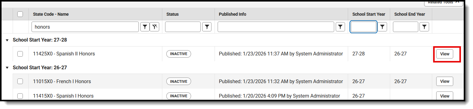 Screenshot of the Course Management tool with the View button highlighted. 