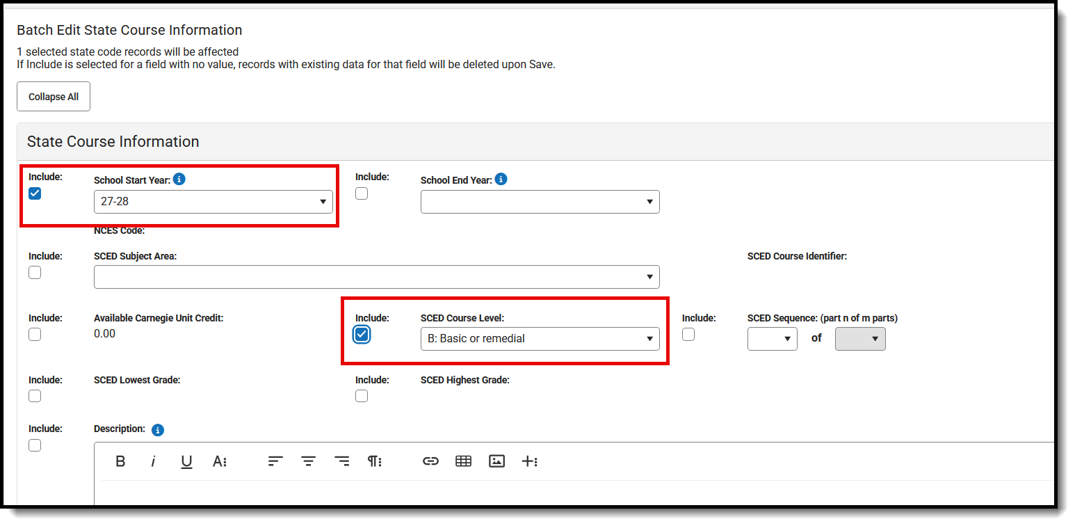 Screenshot of the Include chekcbox marked for two fields. 