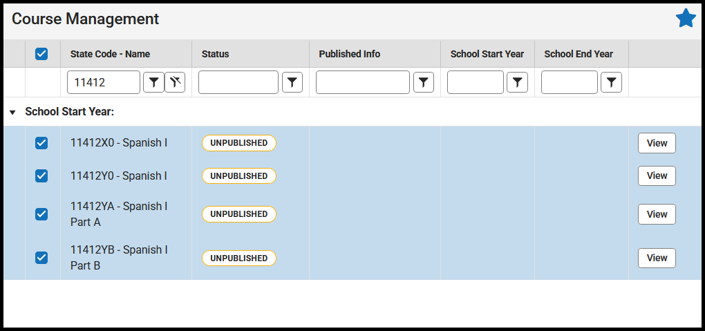 Screenshot of selected courses to update at one time. 