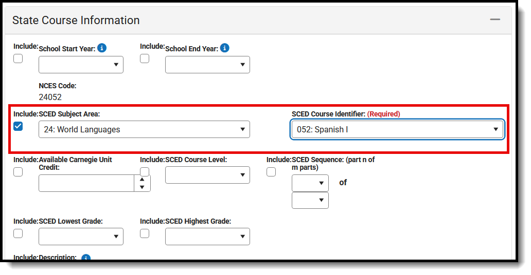 Screenshot of the SCED Subject Area and SCED Course Identifiers fields changed to the new values. 