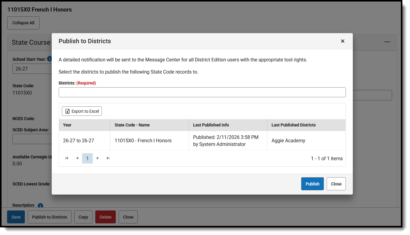 Screenshot of the Publish State Corse Codes to Districts. 