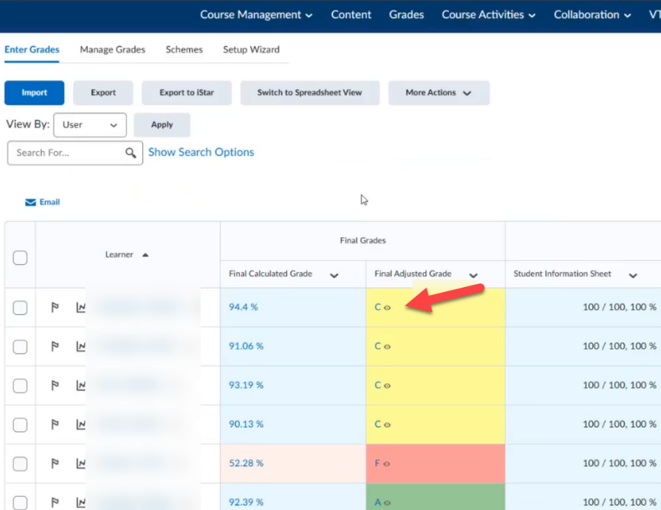 In gradebook view under Enter Grades tab. Has an arrow pointing towars the Final Adjusted Grade column to showcase that the grade given is a letter grade.