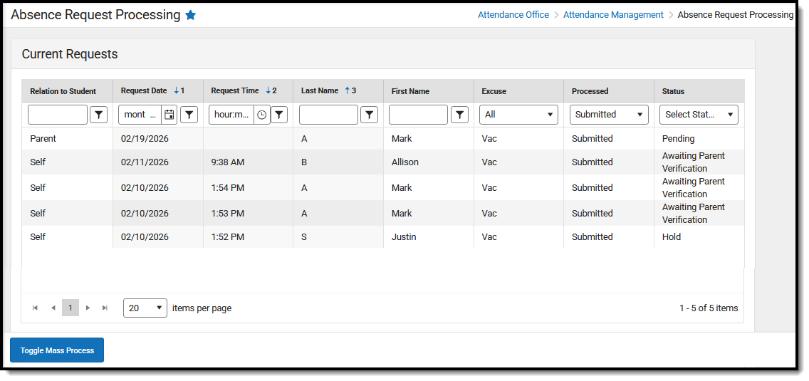 Screenshot of the Absence Request Processing Current Requests screen.