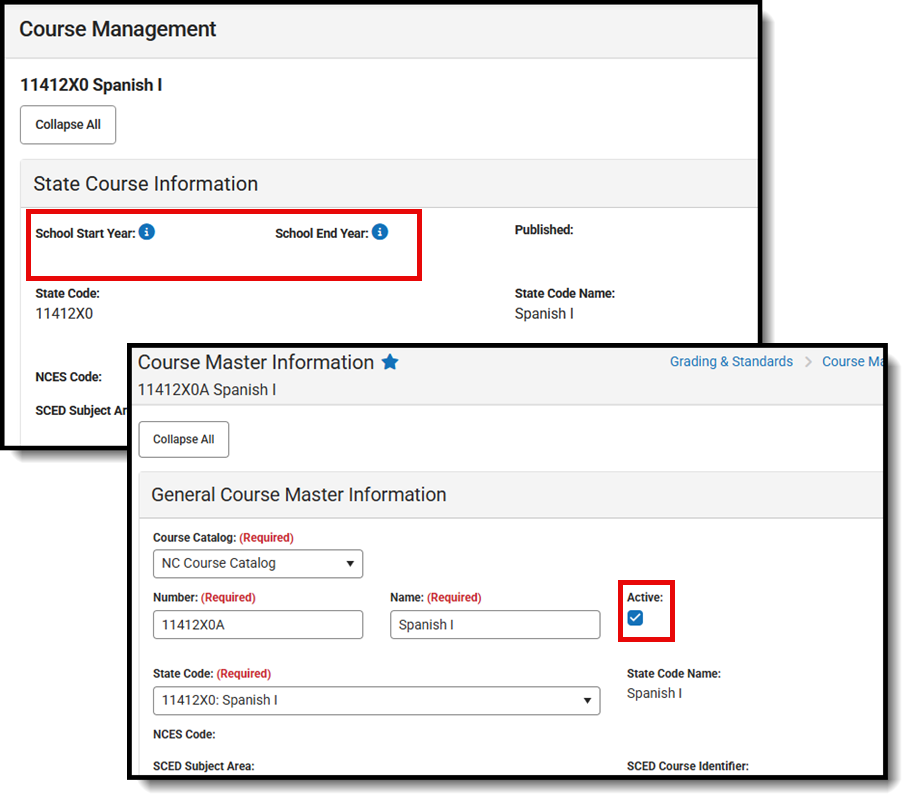 Screenshot of the Course Management record and the Course Masters record. 