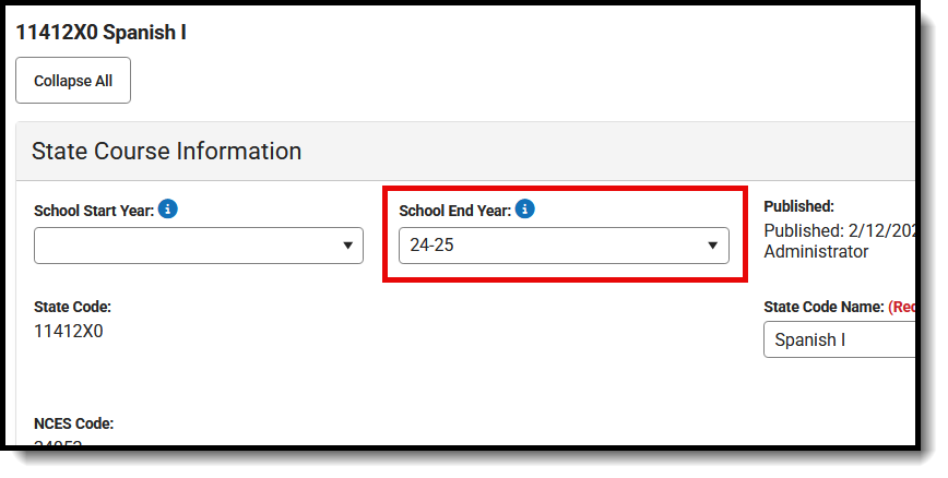 Screenshot of the Course Management State Code record ended with a School End Year of 24-25. 