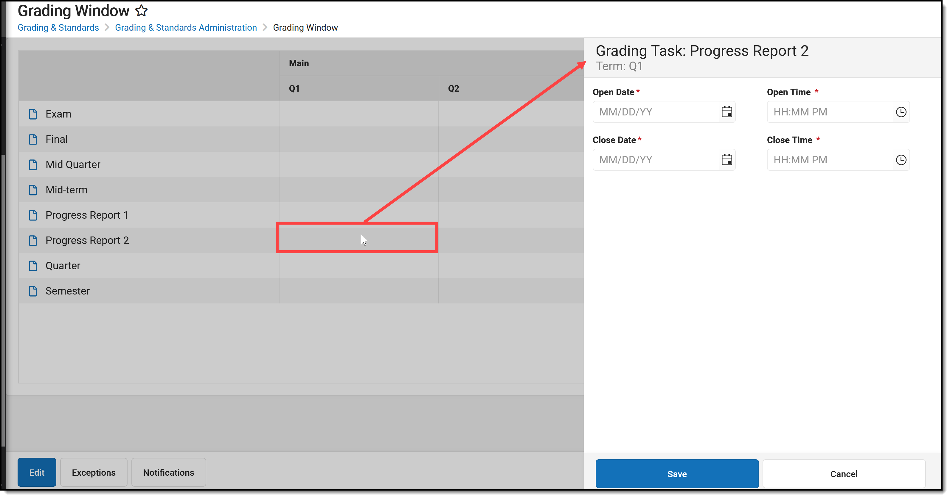 Screenshot showing how to schedule a new graading window for a single task and term by clicking an empty term cell.