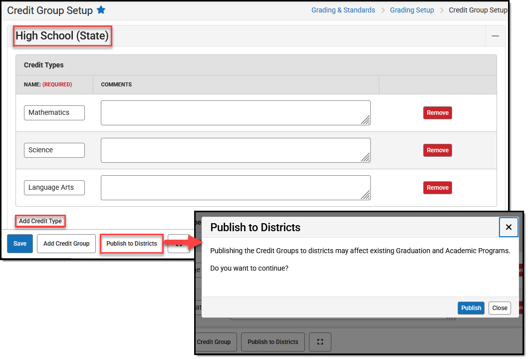 Screenshot of how a state level user would add credit types and publish credit groups to districts.