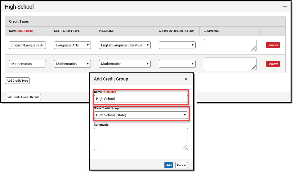 Screenshot of how a district would add a credit group and align it and credit types to state level credit group/type.