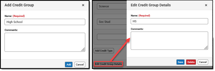Screen capture side by side of the Add and Edit Credit Group option.