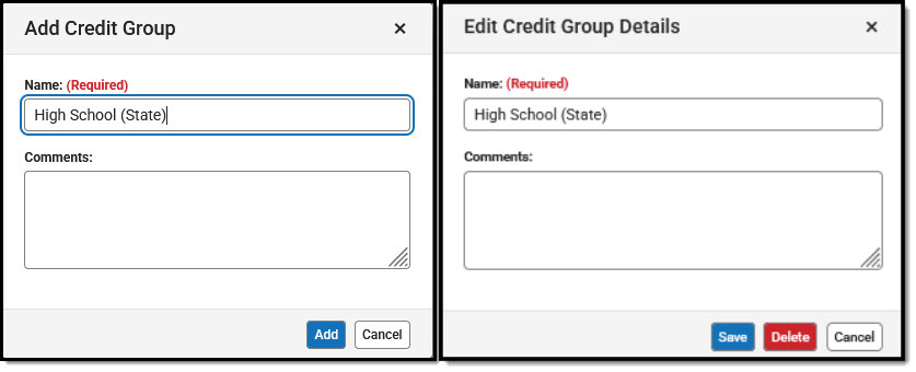Side by side screenshot of Add and Edit credit group options in State Edition.