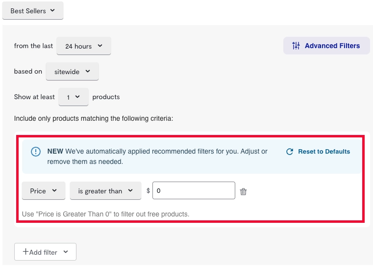 recommended filters for recommendation rules