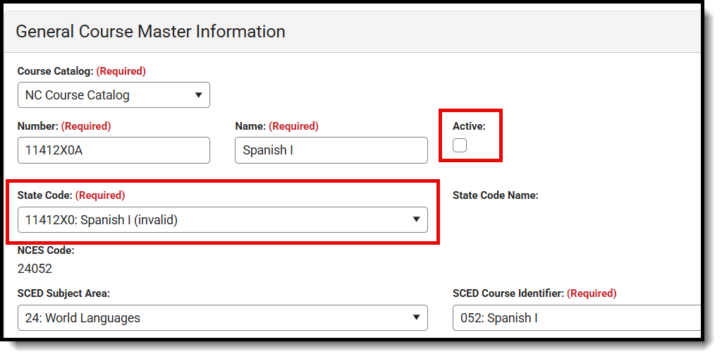 Screenshot of the invalid state code and inactive course master