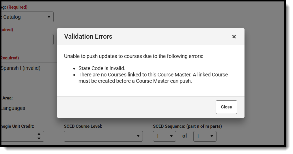 Screenshot of the validation message that displays when a course master has an invalid state code assigned. 